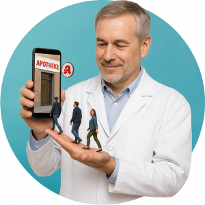 Apotheker hält ein Smartphone mit geöffneter virtueller Apothekentür. Kleine Menschenfiguren gehen aus seiner Hand in Richtung des Smartphones mit „Apotheke“-Schild.