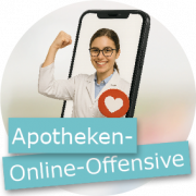 Lächelnde Apothekerin erscheint aus einem Smartphone, hebt kraftvoll die Faust und hält ein Schild mit Herzsymbol.