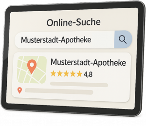 Laptop mit geöffneter Webseite, darüber zwei türkisfarbene Textbalken mit der Aufschrift „Website-Erstellung“.