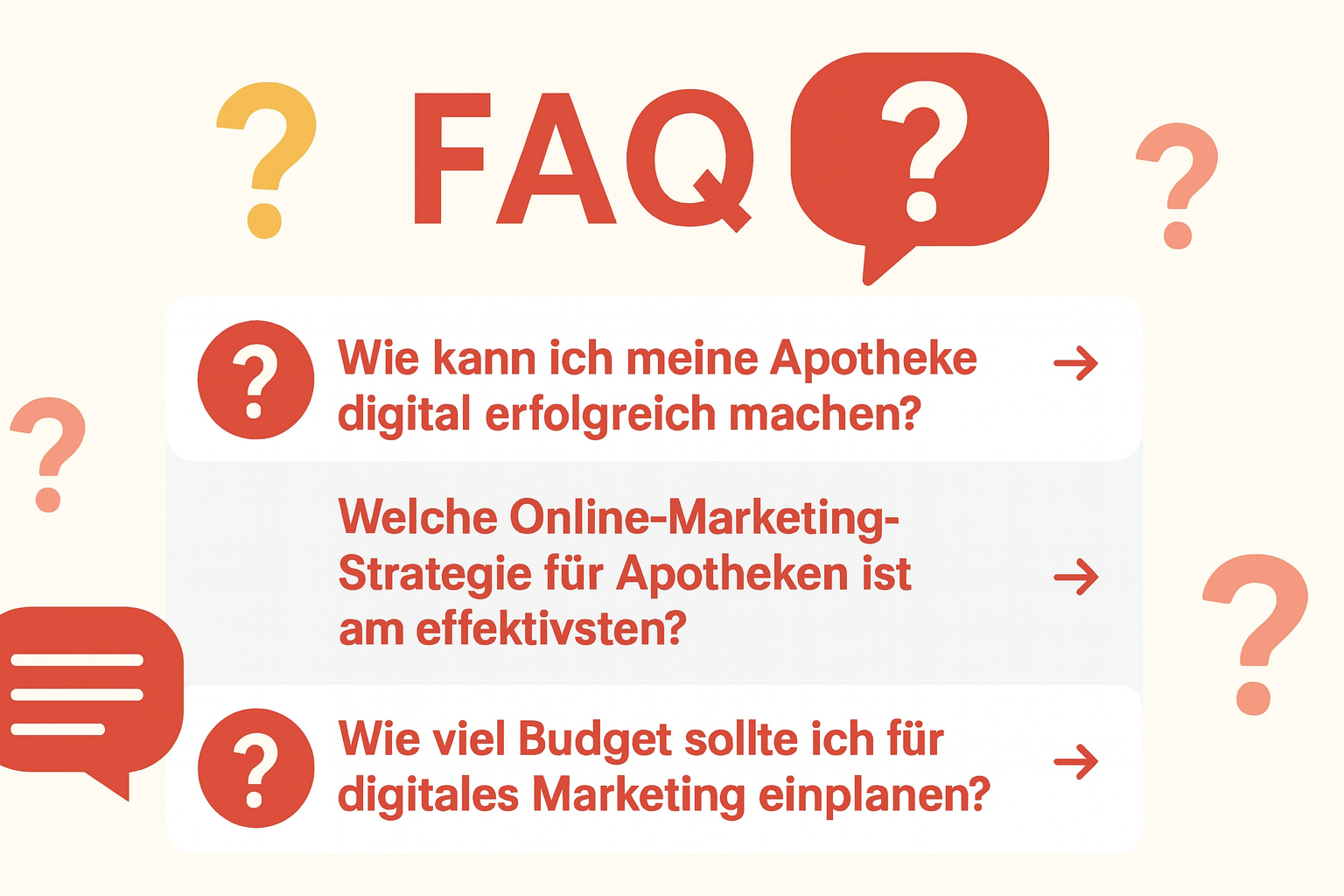 FAQ Bild Bild mit Fragen zum Thema Online Marketing für Apotheken.