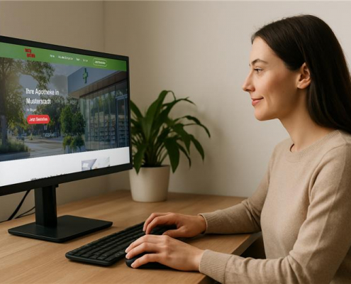 Frau sitzt am Schreibtisch und betrachtet die Website einer Apotheke auf dem Laptop als ein Beispiel für erfolgreiches Online Marketing für Apotheken.