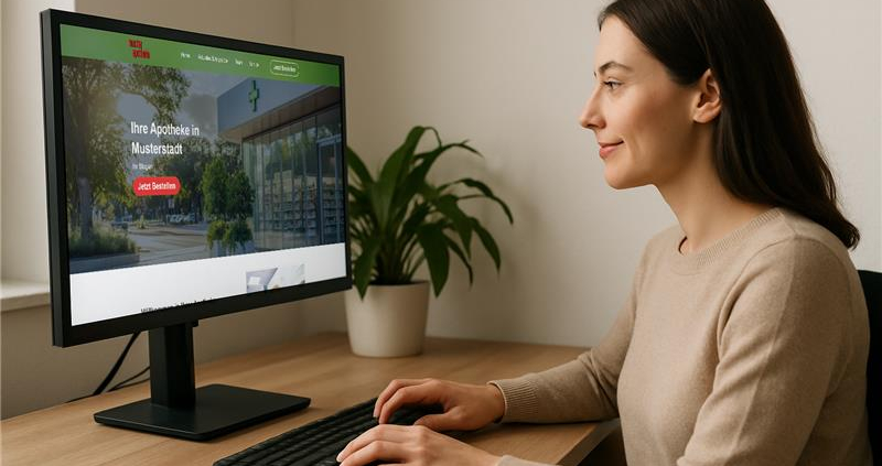 Frau vor dem Laptop sitzend Frau sitzt am Schreibtisch und betrachtet die Website einer Apotheke auf dem Laptop als ein Beispiel für erfolgreiches Online Marketing für Apotheken.