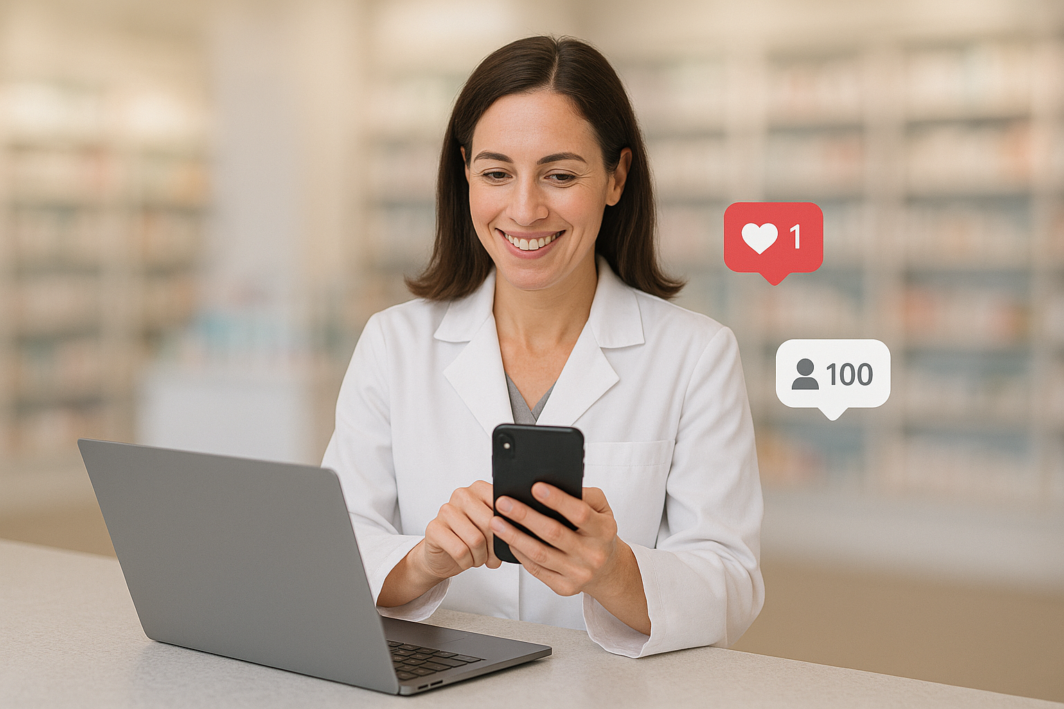 Apothekerin mit Handy in der Hand Apothekerin beschäftigt sich mit Online Marketing in ihrer Apotheke und lächelt dabei in ihr Handy.