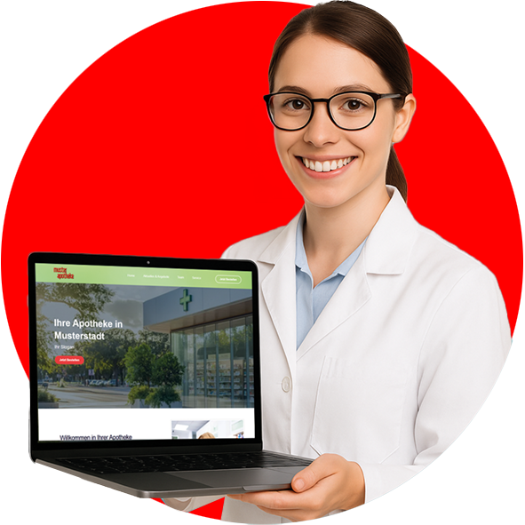 Apothekerin-mit-eigener-Webseite_rot Apothekenmitarbeiterin im weißen Kittel hält ein aufgeklapptes Laptop mit einer Apotheken-Website als Teil der Online Marketing Maßnahmen hoch.