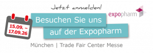 Grafik mit Kalender-Icon (15.09.–17.09.26) und dem Hinweis „Besuchen Sie uns auf der Expopharm“ sowie Angaben zum Veranstaltungsort München, Trade Fair Center Messe.