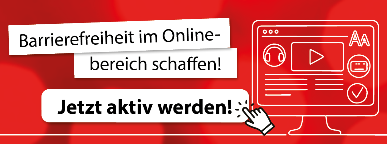 Eine visuelle Darstellung, die zur Förderung der digitalen Barrierefreiheit auf Webseiten auffordert. Der Text betont die Notwendigkeit, digitale Barrierefreiheit zu gewährleisten, unterstützt von Symbolen für barrierefreie Features.