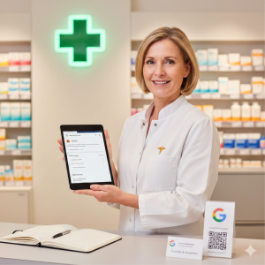 Apothekerin mit Tablet und Google Unternehmensprofil Karten